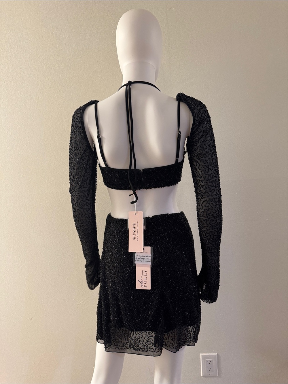 Black Beaded Two-Piece Mesh Set - Crop Top & Skirt - Picture 4 of 5